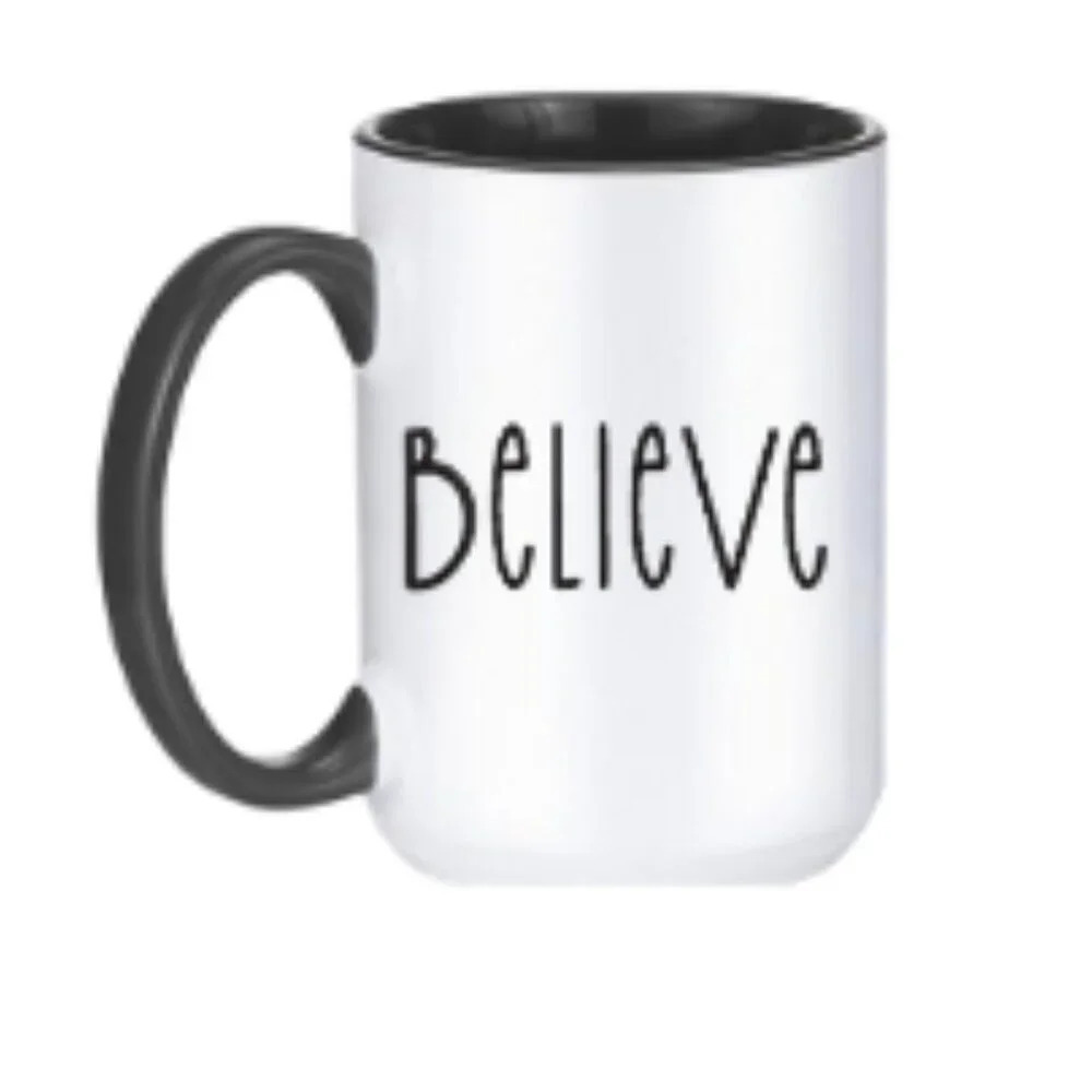 "Believe" Christmas Mug – 15oz White w/ Black Handle & Interior–Holiday Cheer 🎅